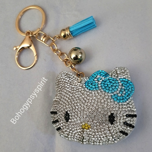 Hello Kitty Blue Bow Crystal Rhinestone Keychain Bag Charm With Tassel - Picture 5 of 7